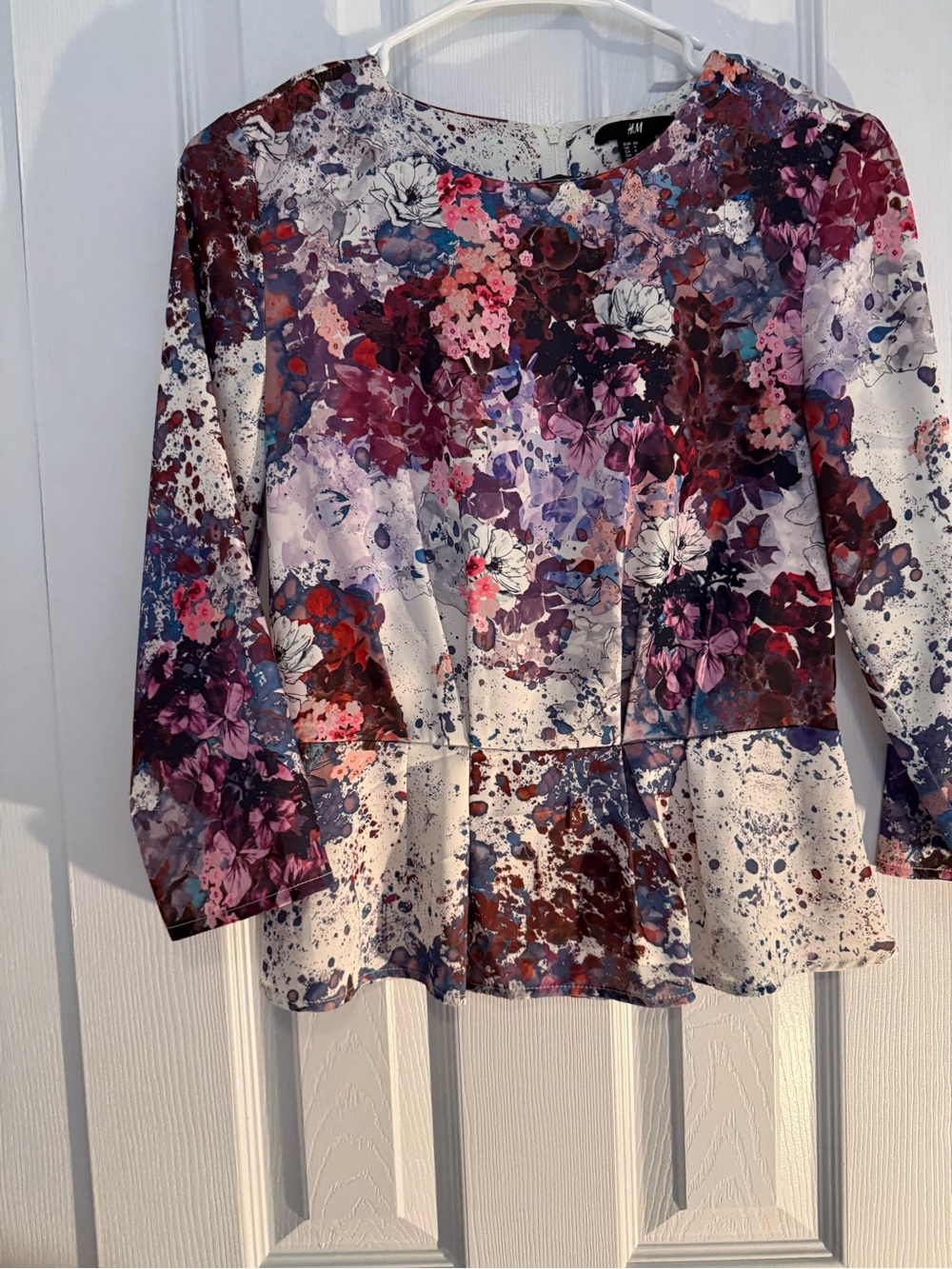 H&M White Floral Peplum Blouse with Purple and Pink Accents